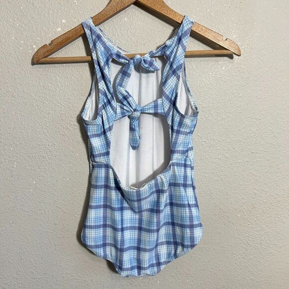 Minnow Girls One Piece Swimsuit 11/12 Blue Plaid Double Bow - Picture 5 of 6